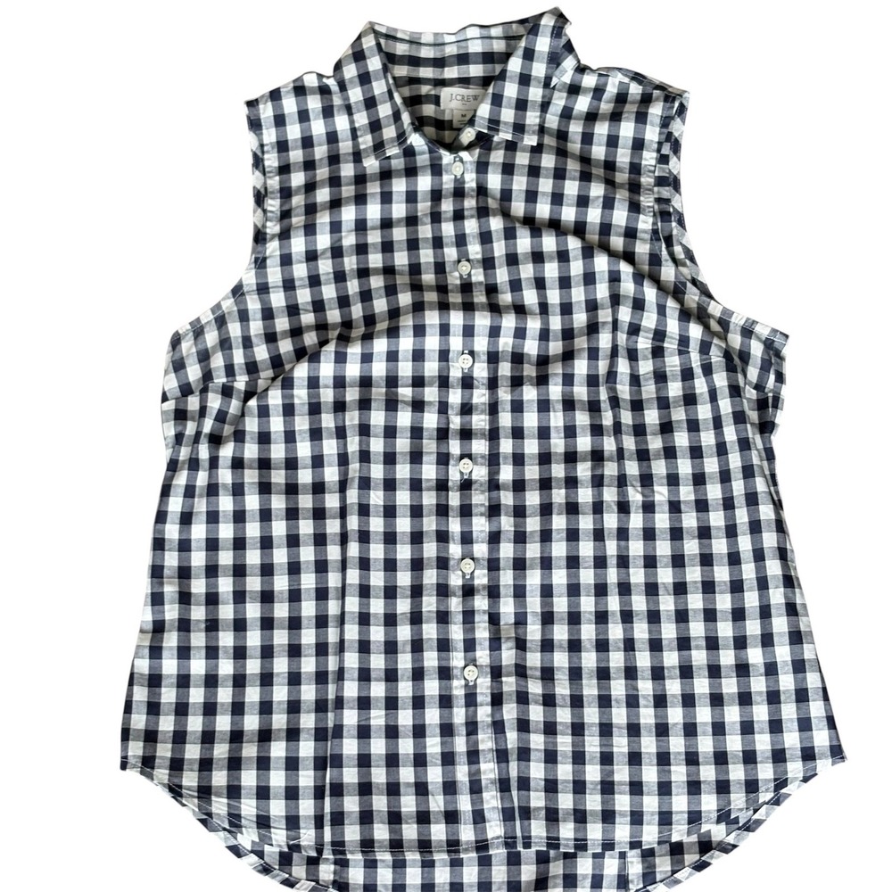 Gingham Sleeveless Button Down Shirt Navy Blue Plaid Preppy Top‎ M